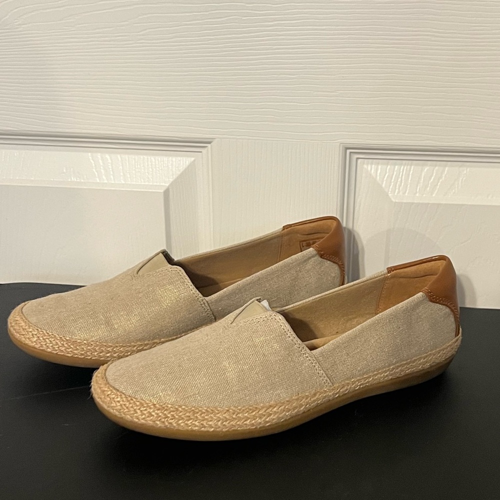 Clarks Beige Canvas Slip-On Loafers with Tan Leather Heel